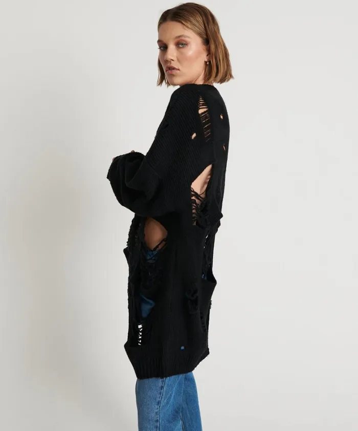 One Teaspoon Knitwear BLACK HERCULES SHREDDED SWEATER 8211 Women One Teaspoon Knitwear BLACK HERCULES SHREDDED SWEATER 8211 Women