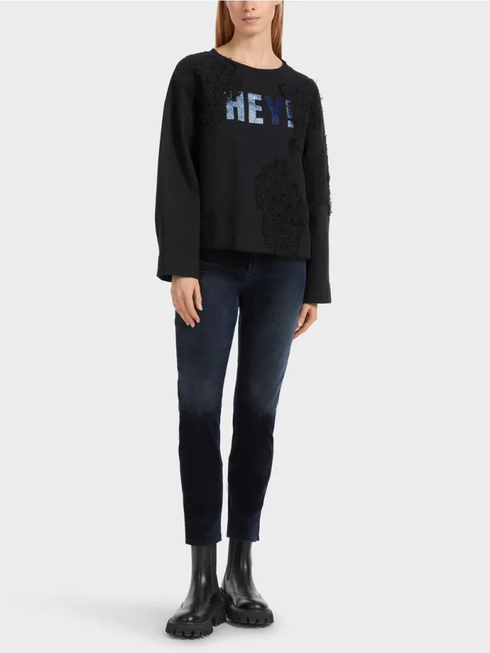 Pullover and Sweatshirts Damen Marc Cain Sweatshirt Mit Glitzer Und Spitze Midnight Blue Pullover and Sweatshirts Damen Marc Cain Sweatshirt Mit Glitzer Und Spitze Midnight Blue