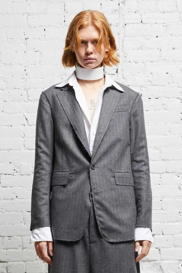 R13 Sale Women SHRUNKEN RAW CUT BLAZER 8211 GREY PINSTRIPE