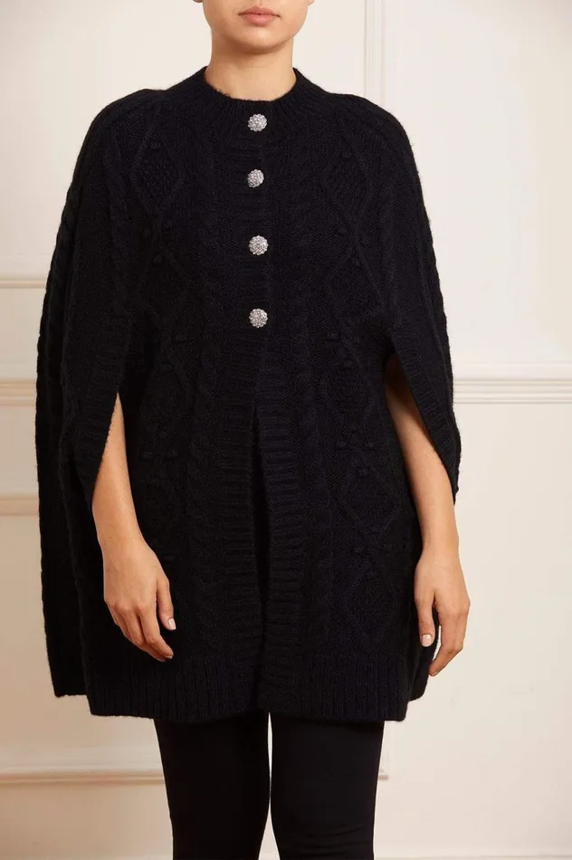 Sylvie Cable Jewelled Knee Length Cape Black Women Needle and Thread Capes