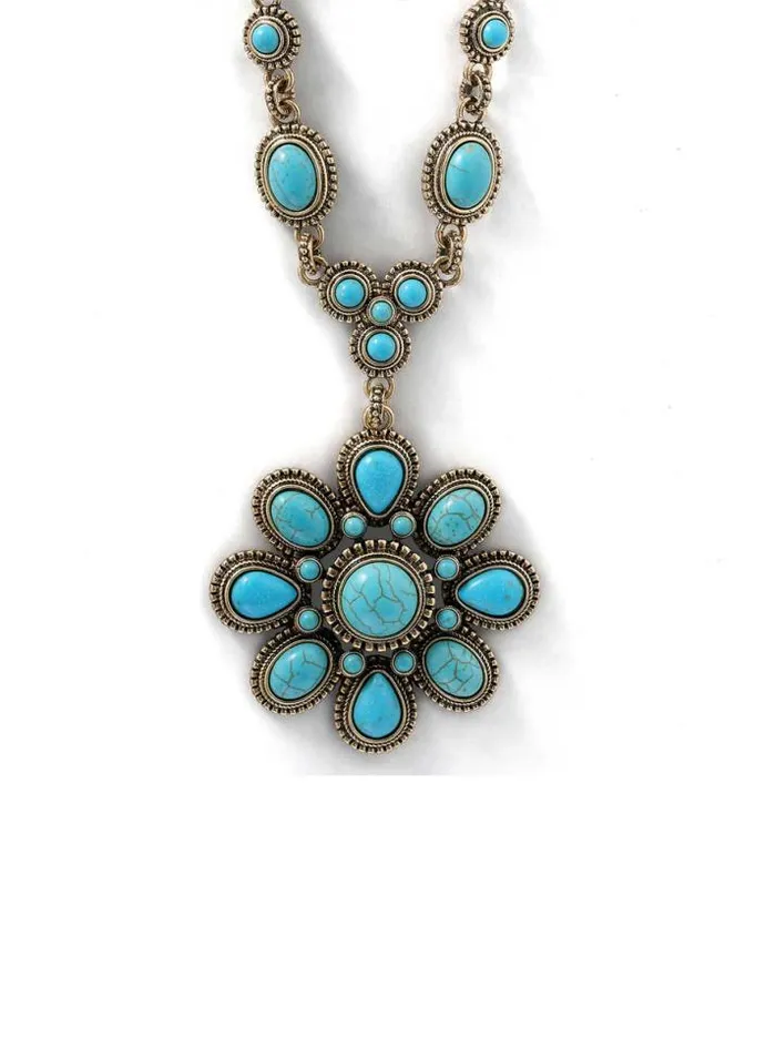 Turquoise Collection Accessories Jessica Simpson Large Turquoise Stone Flower Necklace In Gold