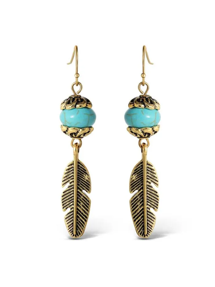 Turquoise Collection Accessories Jessica Simpson Turquoise Bead Feather Drop Earrings In Gold