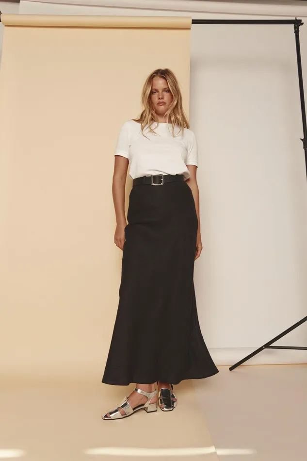 VRG GRL Ena Linen Bias Cut Maxi Skirt Black Women Skirts