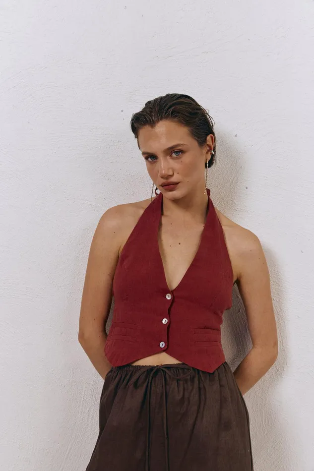 VRG GRL Los Cabos Linen Vest Wine Women Sleeveless VRG GRL Los Cabos Linen Vest Wine Women Sleeveless