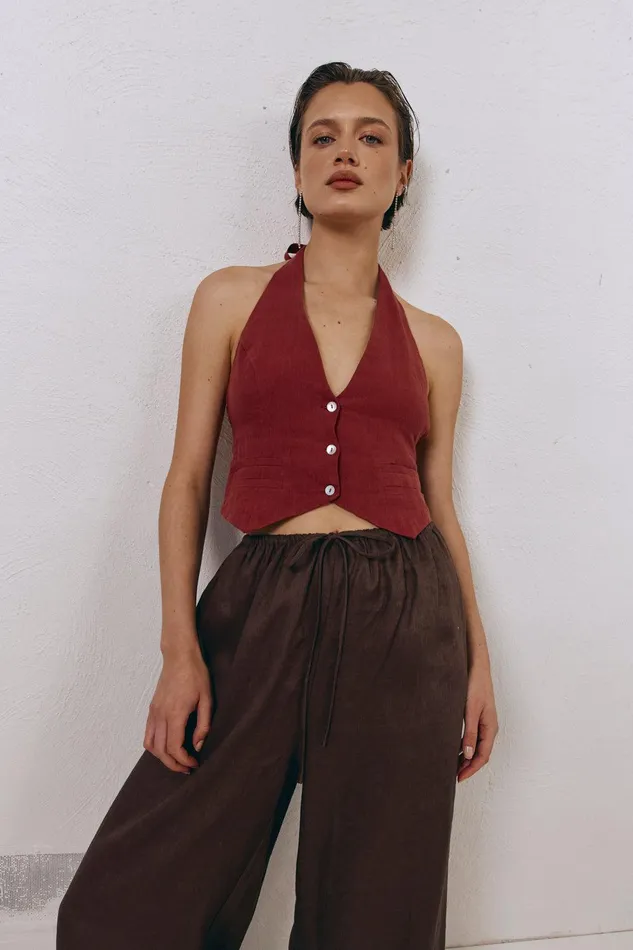 VRG GRL Los Cabos Linen Vest Wine Women Sleeveless VRG GRL Los Cabos Linen Vest Wine Women Sleeveless
