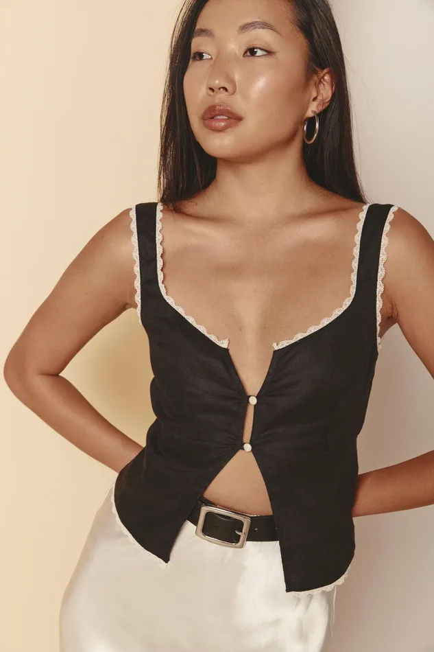 VRG GRL Love Language Linen Button Front Top Black Women Sleeveless VRG GRL Love Language Linen Button Front Top Black Women Sleeveless