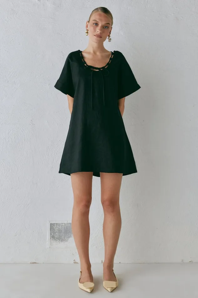 VRG GRL Nellie Linen Mini Dress Black Women Mini Dresses VRG GRL Nellie Linen Mini Dress Black Women Mini Dresses