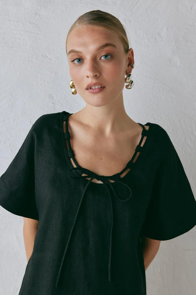 VRG GRL Nellie Linen Mini Dress Black Women Mini Dresses VRG GRL Nellie Linen Mini Dress Black Women Mini Dresses