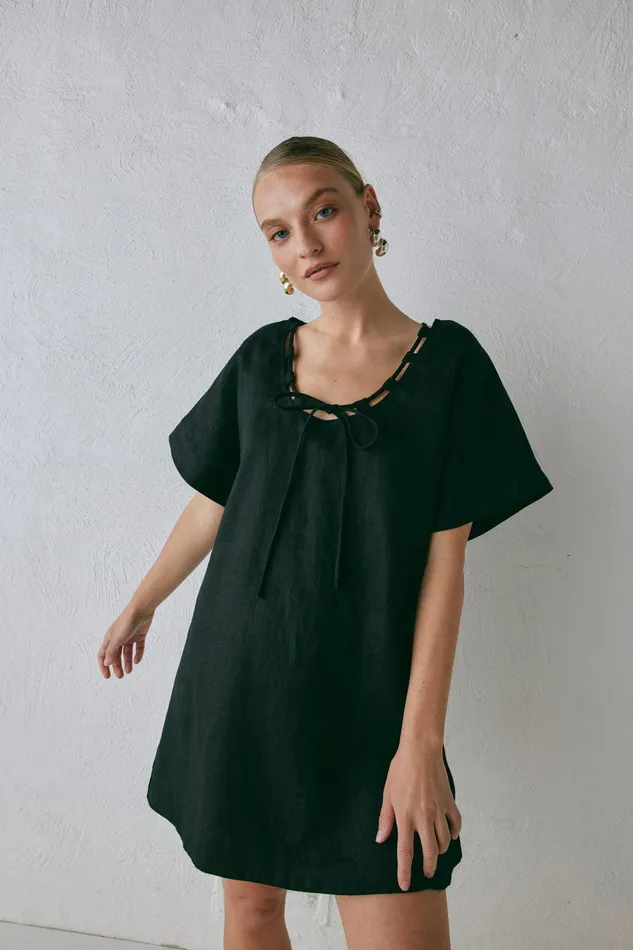 VRG GRL Nellie Linen Mini Dress Black Women Mini Dresses VRG GRL Nellie Linen Mini Dress Black Women Mini Dresses