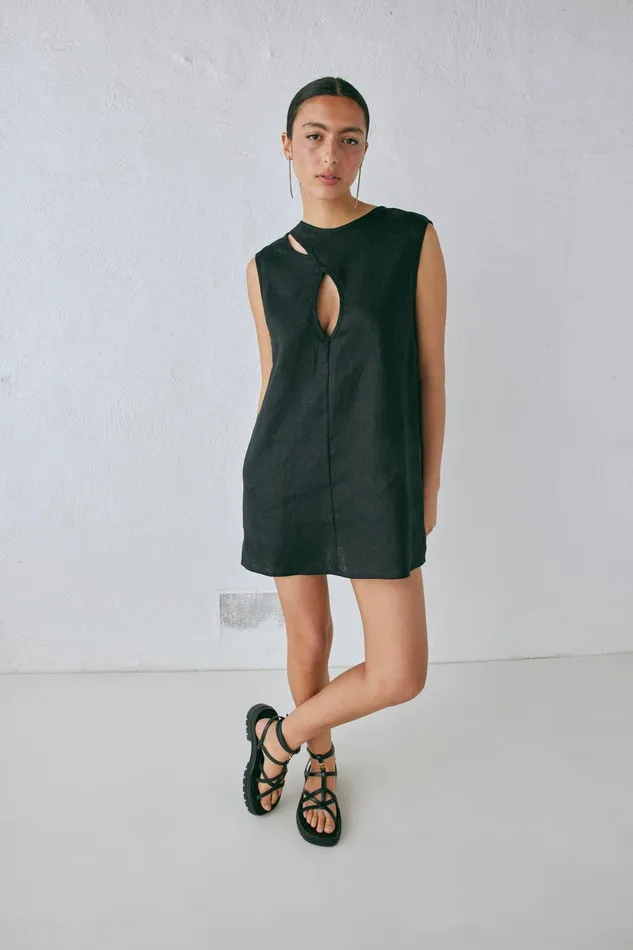 VRG GRL Yuri Linen Mini Dress Black Women Mini Dresses VRG GRL Yuri Linen Mini Dress Black Women Mini Dresses