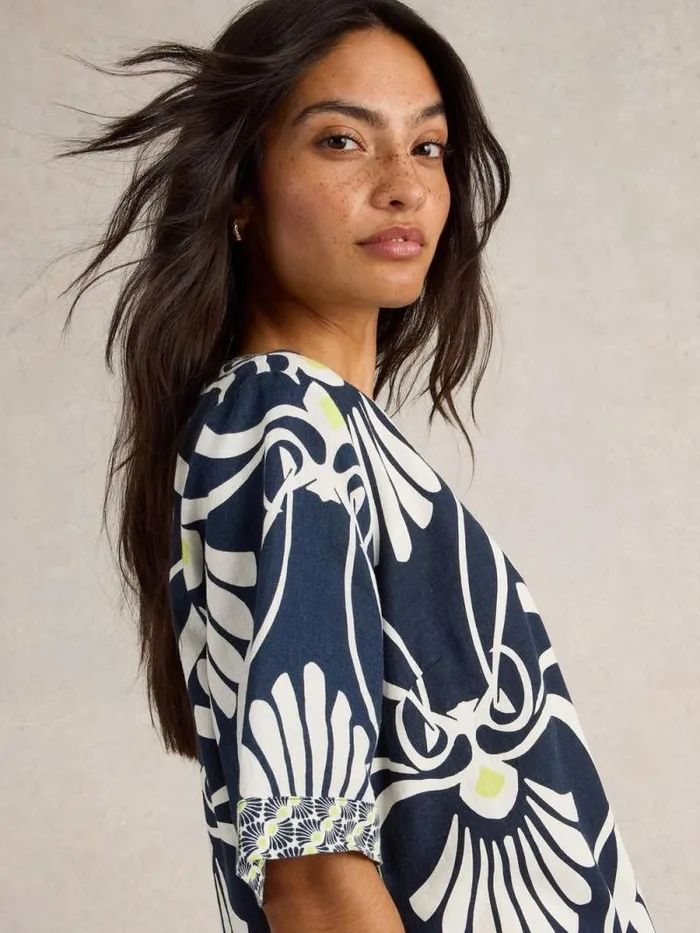 Women Ash Linen Blend Top Navy Print White Stuff Tops and Tees Women Ash Linen Blend Top Navy Print White Stuff Tops and Tees