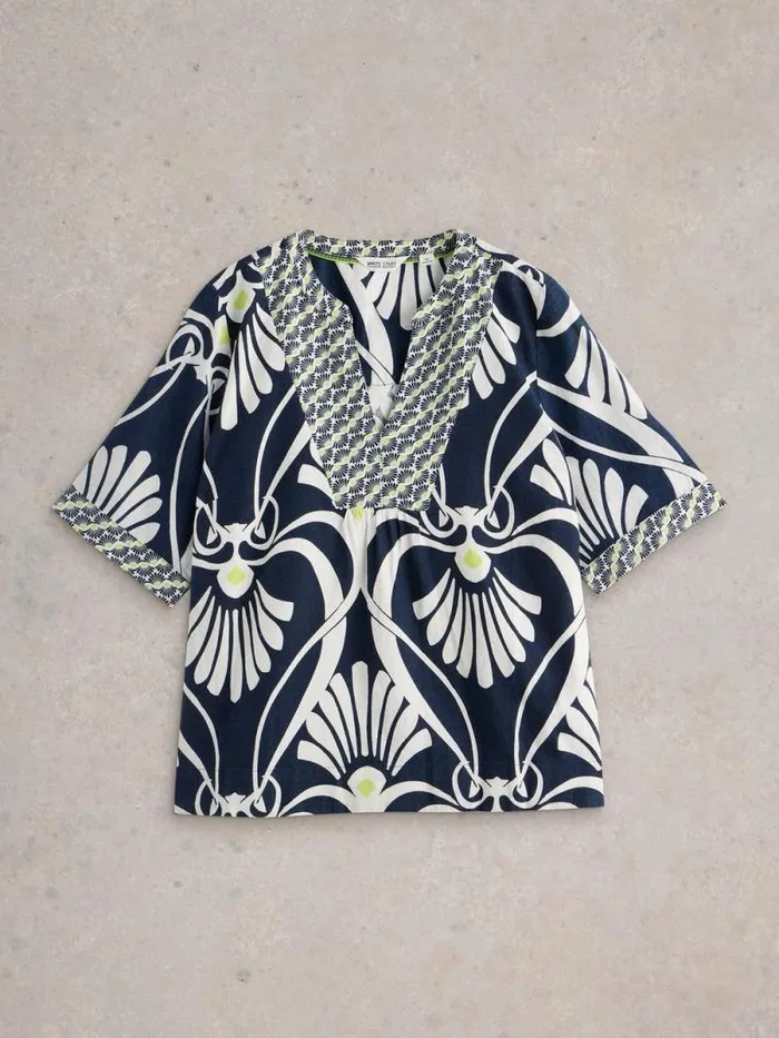 Women Ash Linen Blend Top Navy Print White Stuff Tops and Tees Women Ash Linen Blend Top Navy Print White Stuff Tops and Tees
