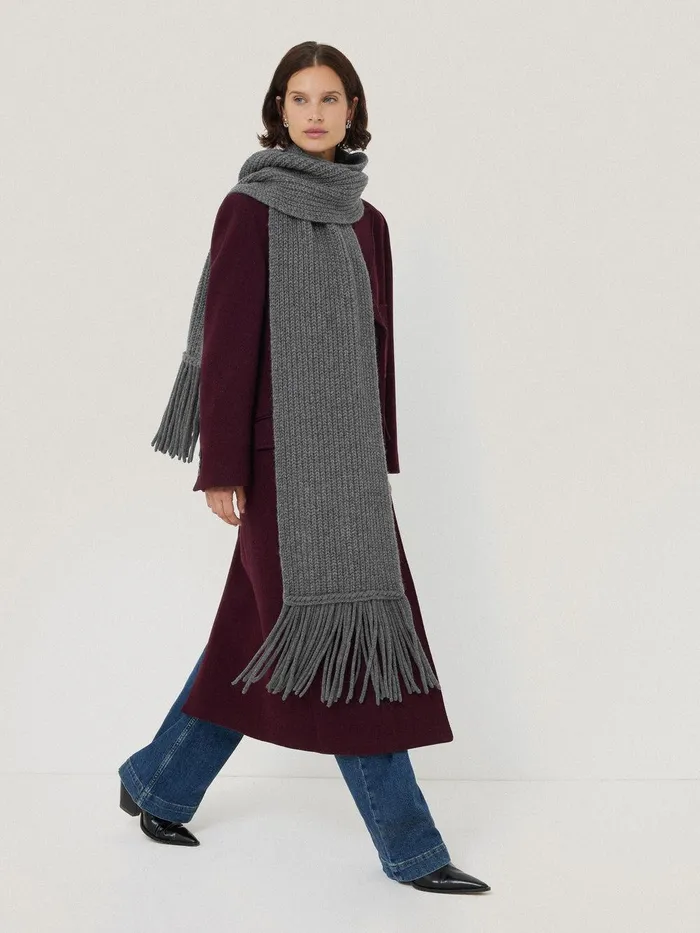 Women Chunky Fringed Scarf Grey Jigsaw Ponchos and Scarves