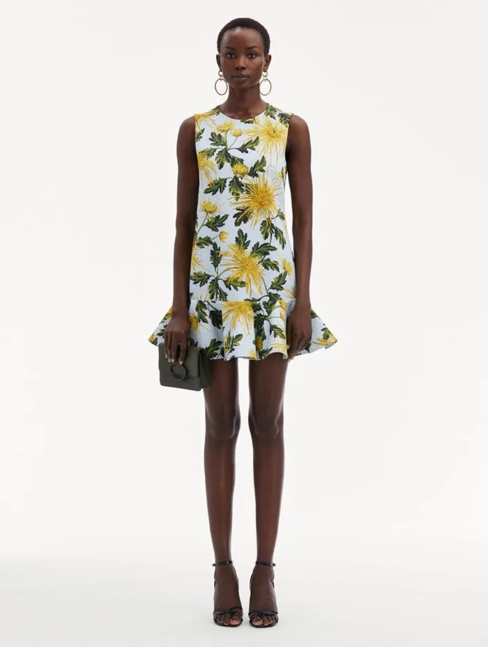 Women Dresses Oscar De La Renta Chrysanthemum Cotton Cloqu Dress Yellow Light Blue Women Dresses Oscar De La Renta Chrysanthemum Cotton Cloqu Dress Yellow Light Blue
