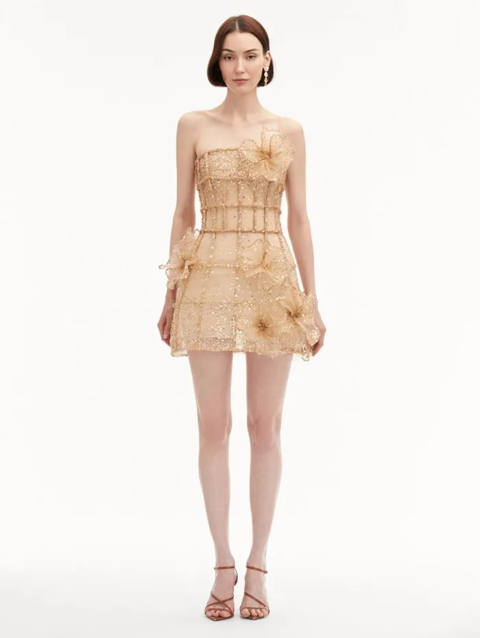 Women Dresses Oscar De La Renta Crystal Grid Orchid Cocktail Dress Gold Women Dresses Oscar De La Renta Crystal Grid Orchid Cocktail Dress Gold
