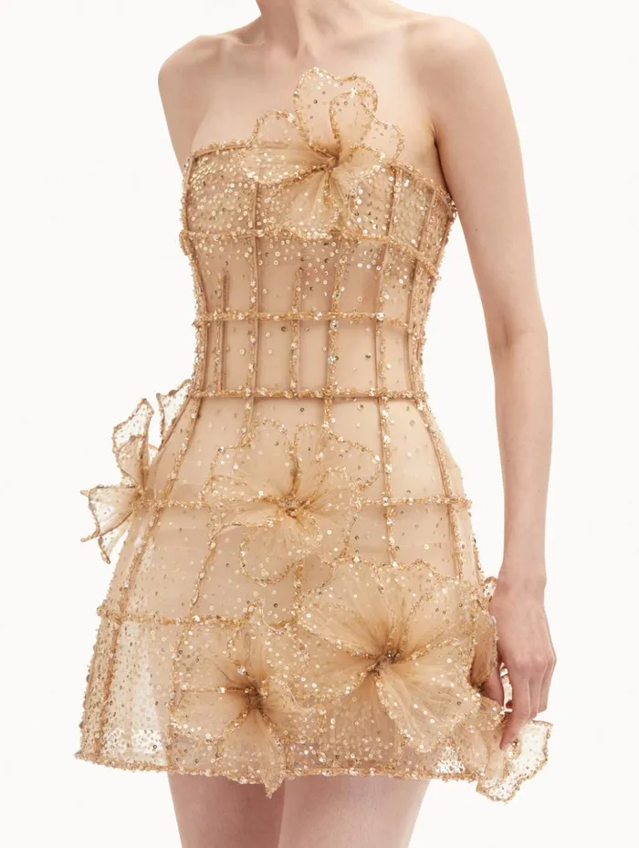 Women Dresses Oscar De La Renta Crystal Grid Orchid Cocktail Dress Gold Women Dresses Oscar De La Renta Crystal Grid Orchid Cocktail Dress Gold