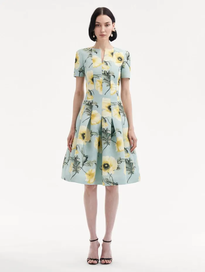 Women Dresses Oscar De La Renta Poppy Faille Split Neck Dress Sage Yellow Women Dresses Oscar De La Renta Poppy Faille Split Neck Dress Sage Yellow