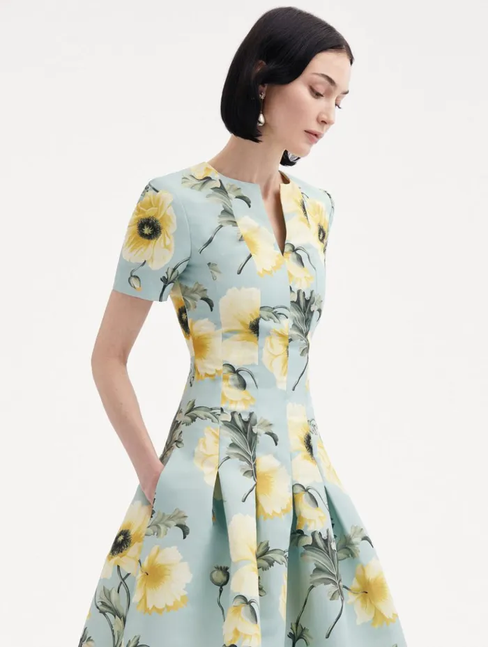 Women Dresses Oscar De La Renta Poppy Faille Split Neck Dress Sage Yellow Women Dresses Oscar De La Renta Poppy Faille Split Neck Dress Sage Yellow