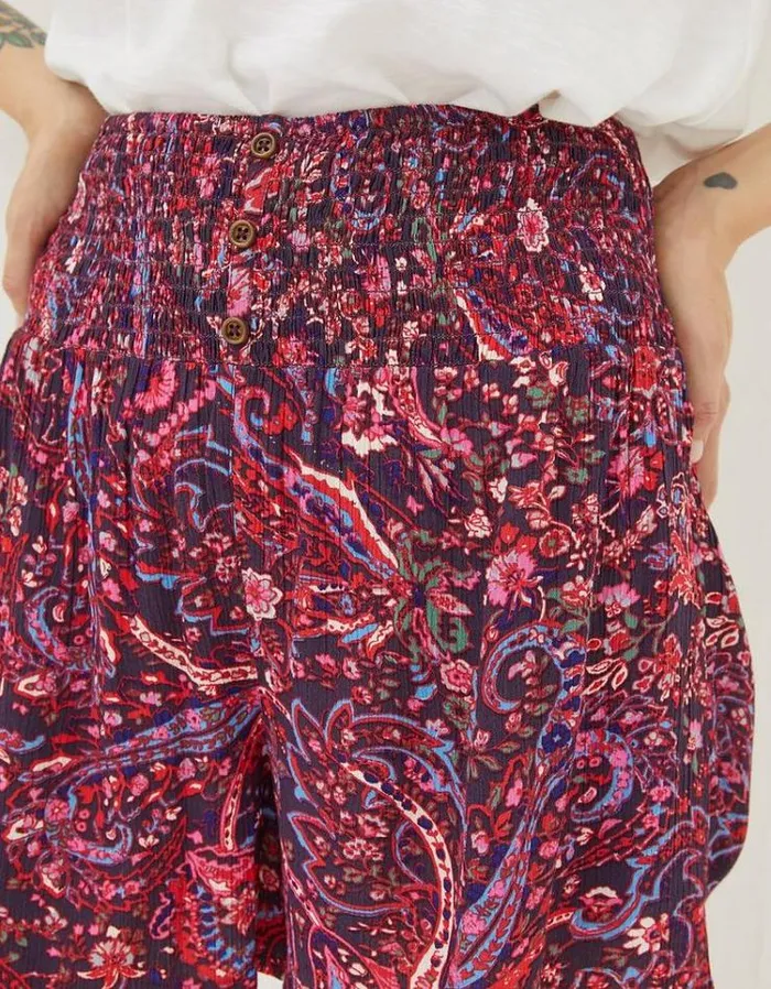 Women FatFace Shorts Bright Paisley Shirred Waist Shorts Purple