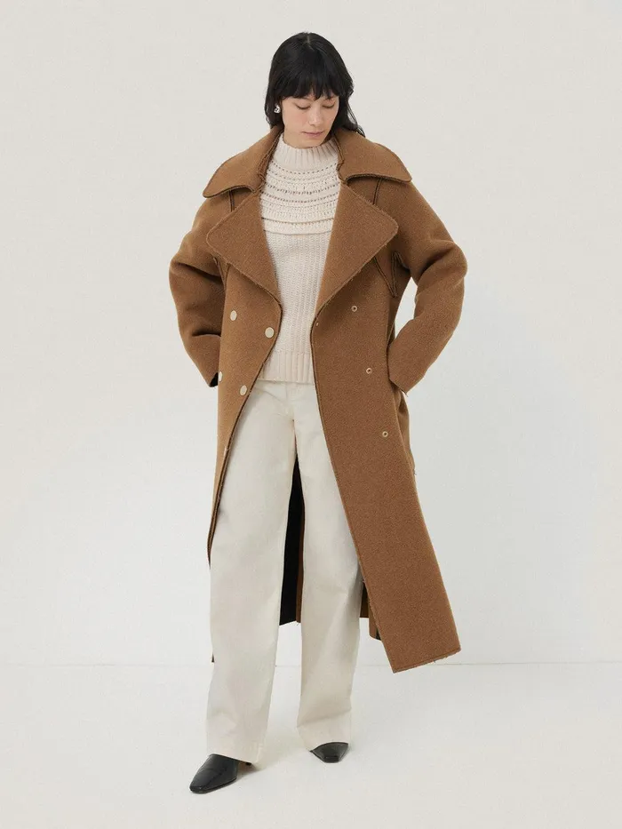 Women Italian Wool Raw Edge Coat Camel Jigsaw Coats and Jackets