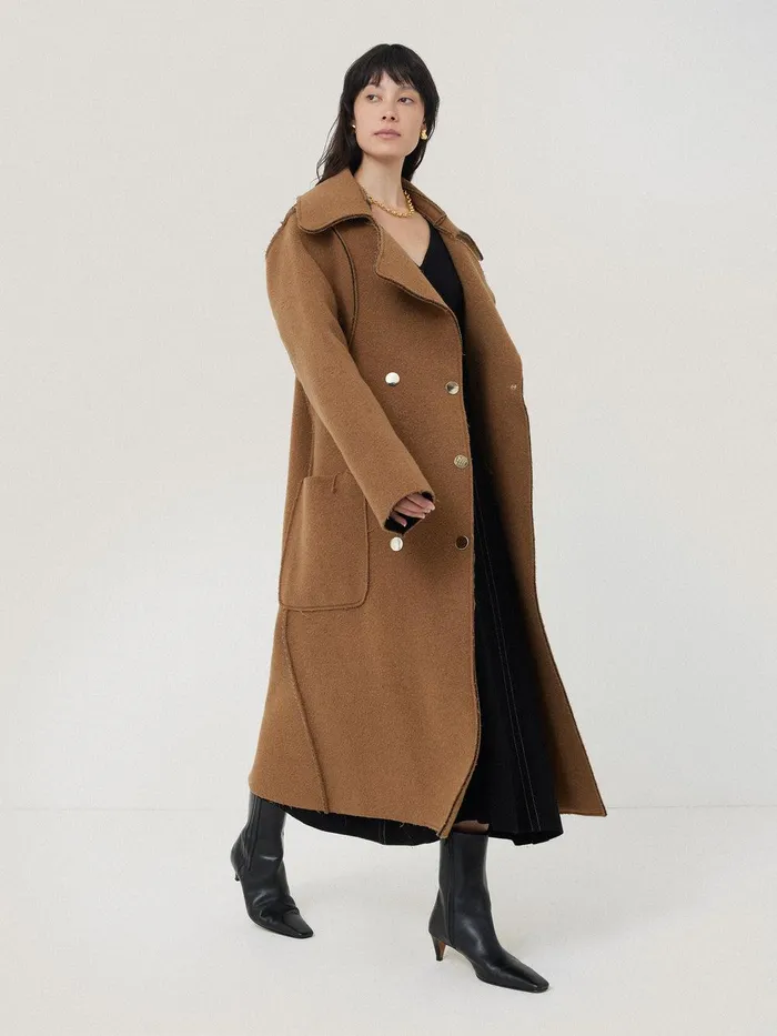 Women Italian Wool Raw Edge Coat Camel Jigsaw Coats and Jackets