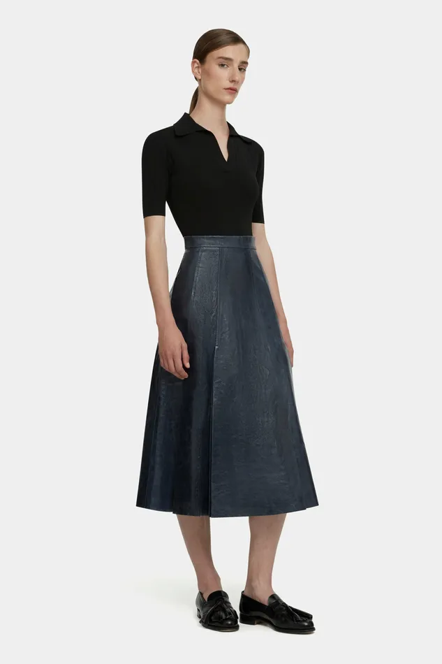 Women Kensie Skirt in Dark Navy Leather Skirts Emilia Wickstead Women Kensie Skirt in Dark Navy Leather Skirts Emilia Wickstead