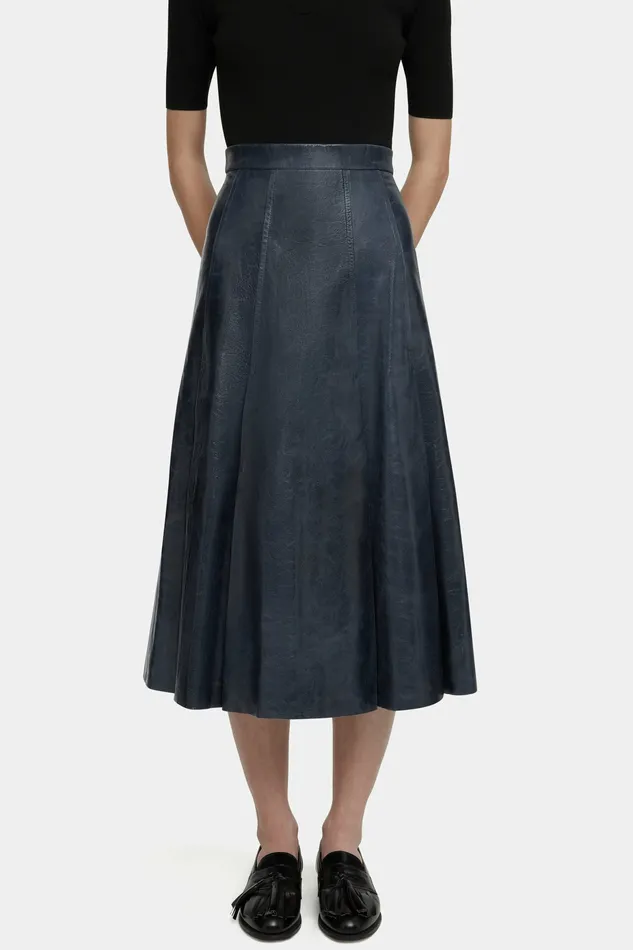 Women Kensie Skirt in Dark Navy Leather Skirts Emilia Wickstead Women Kensie Skirt in Dark Navy Leather Skirts Emilia Wickstead