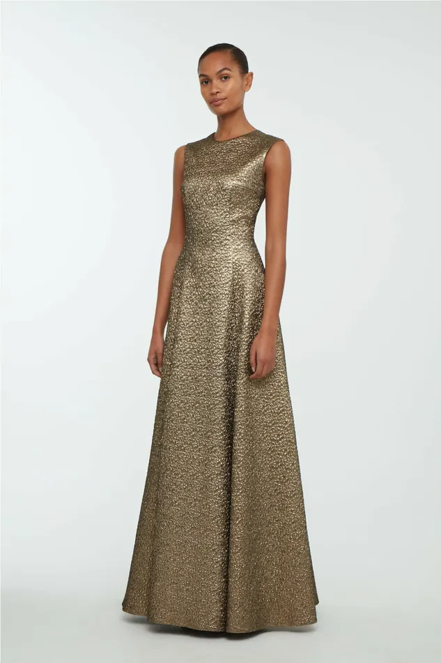Women Nodin Dress In Gold Textured Jacquard Gowns Emilia Wickstead Women Nodin Dress In Gold Textured Jacquard Gowns Emilia Wickstead