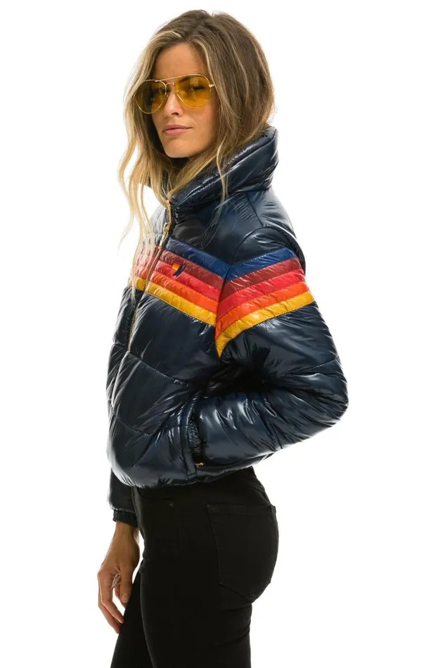 Women Outerwear Aviator Nation 5 STRIPE LUXE APRES PUFFER JACKET 8211 GLOSSY NAVY Women Outerwear Aviator Nation 5 STRIPE LUXE APRES PUFFER JACKET 8211 GLOSSY NAVY