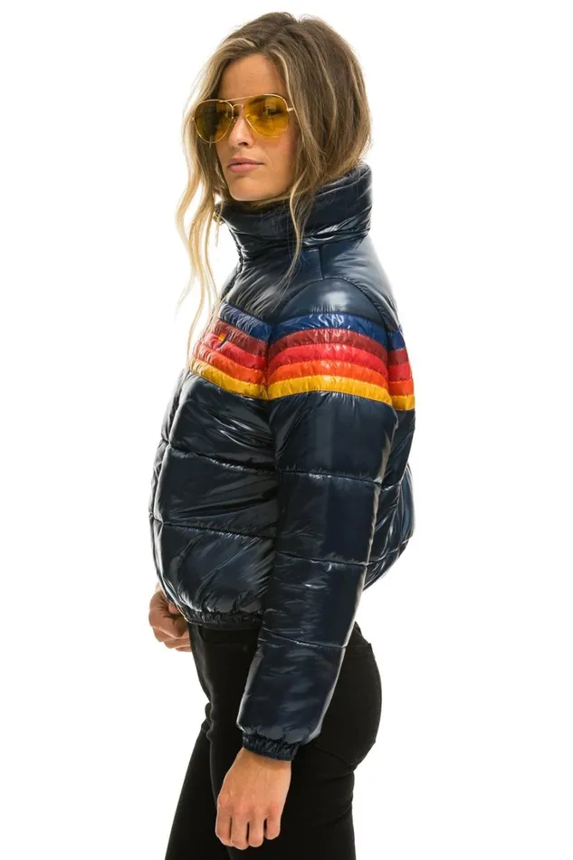 Women Outerwear Aviator Nation 5 STRIPE LUXE APRES PUFFER JACKET 8211 GLOSSY NAVY Women Outerwear Aviator Nation 5 STRIPE LUXE APRES PUFFER JACKET 8211 GLOSSY NAVY