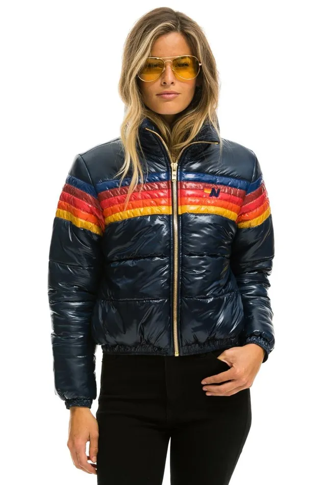 Women Outerwear Aviator Nation 5 STRIPE LUXE APRES PUFFER JACKET 8211 GLOSSY NAVY Women Outerwear Aviator Nation 5 STRIPE LUXE APRES PUFFER JACKET 8211 GLOSSY NAVY
