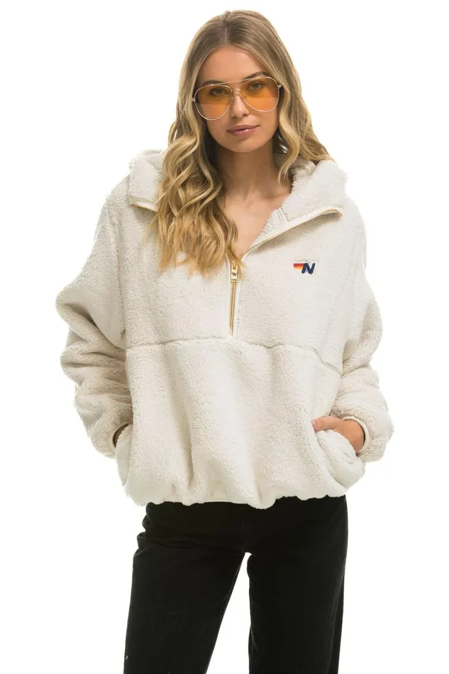 Women Outerwear Aviator Nation TEDDY APRES HOODED HALF ZIP JACKET 8211 VINTAGE WHITE Women Outerwear Aviator Nation TEDDY APRES HOODED HALF ZIP JACKET 8211 VINTAGE WHITE