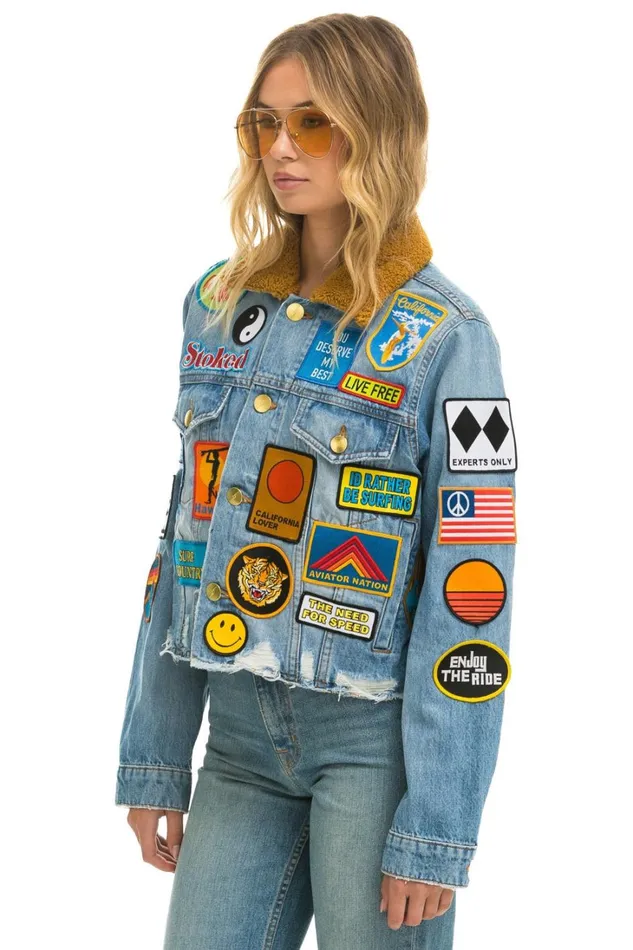 Women Outerwear Aviator Nation VINTAGE PATCH UNISEX CROP DENIM JACKET 8211 SUPER LIGHT