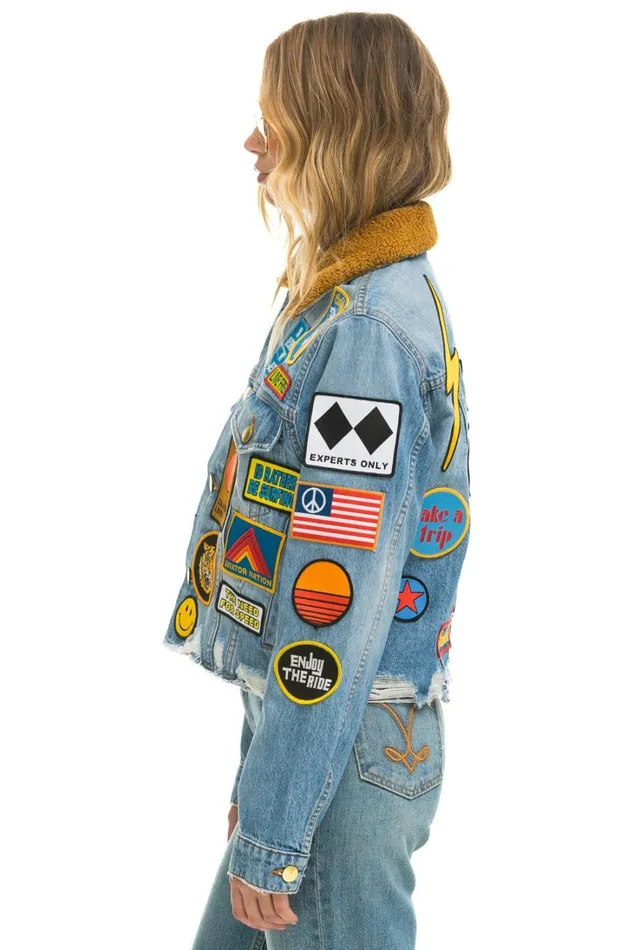 Women Outerwear Aviator Nation VINTAGE PATCH UNISEX CROP DENIM JACKET 8211 SUPER LIGHT