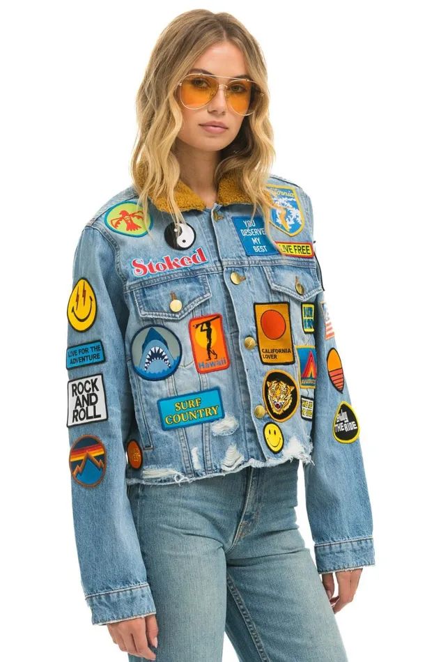 Women Outerwear Aviator Nation VINTAGE PATCH UNISEX CROP DENIM JACKET 8211 SUPER LIGHT