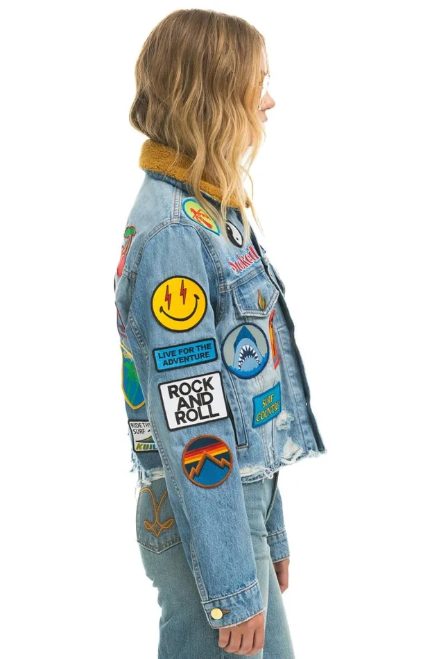 Women Outerwear Aviator Nation VINTAGE PATCH UNISEX CROP DENIM JACKET 8211 SUPER LIGHT