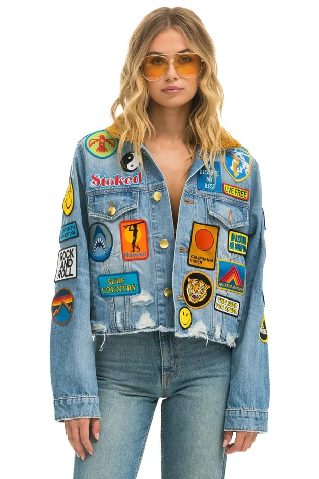 Women Outerwear Aviator Nation VINTAGE PATCH UNISEX CROP DENIM JACKET 8211 SUPER LIGHT