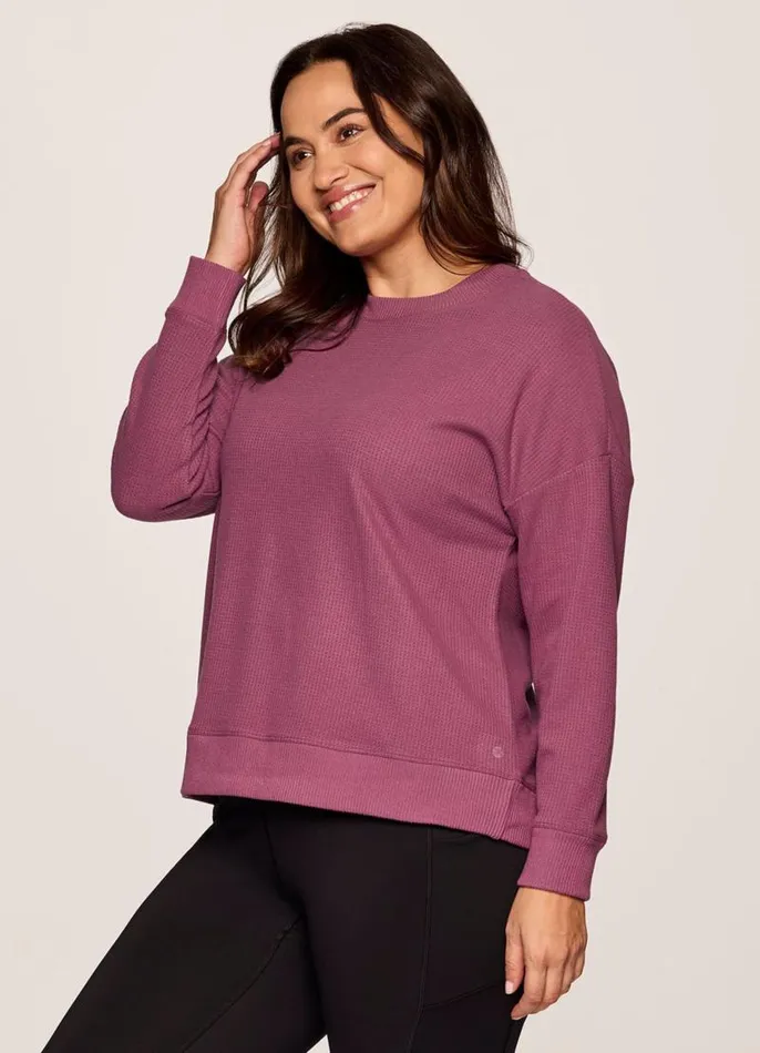 Women Plus Off Days Relaxed Waffle Knit Sweatshirt Dusty Rose RBX Active Long Sleeve
