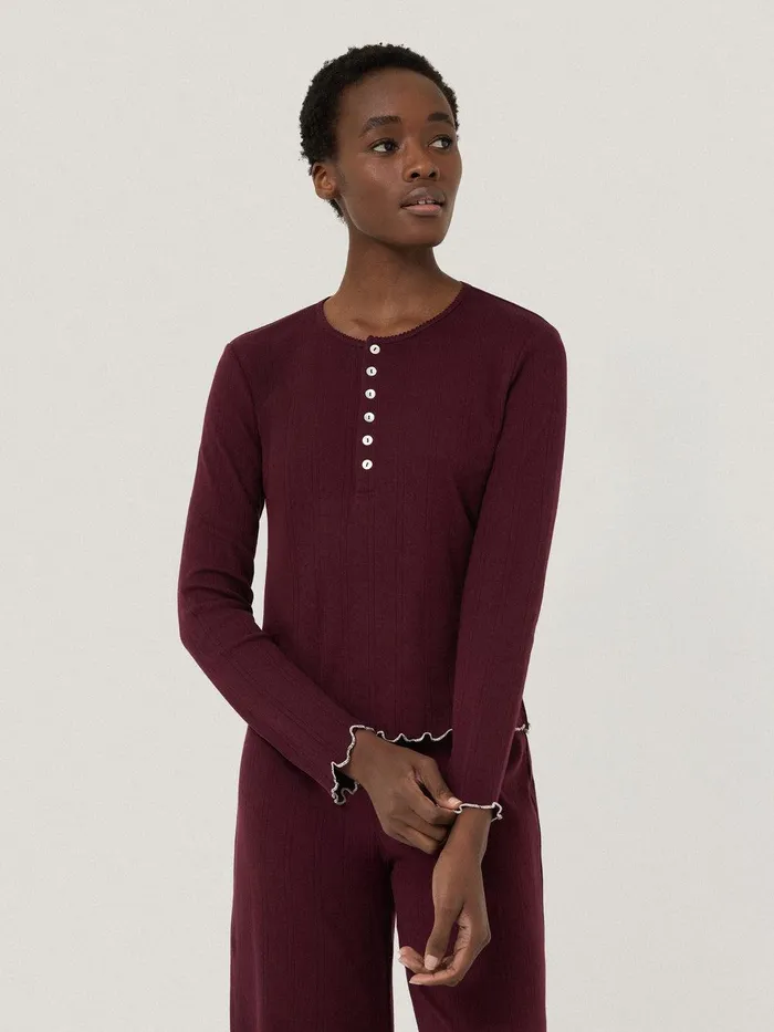 Women Pointelle Pyjama Henley Top Burgundy Jigsaw Pyjamas and Loungewear