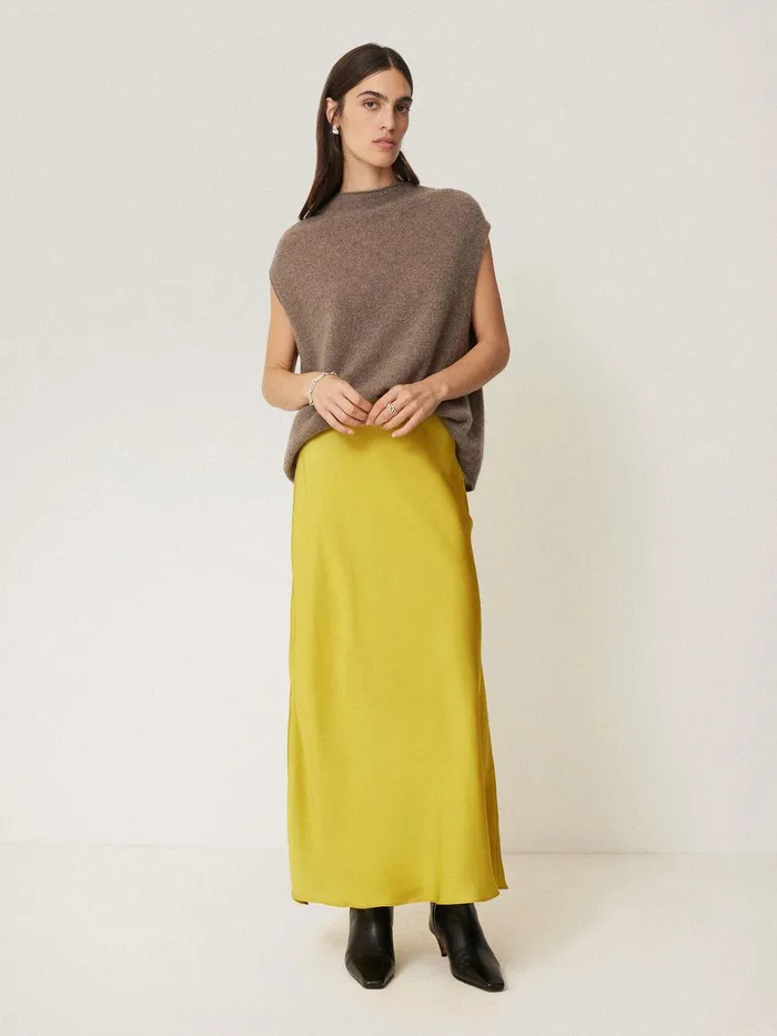 Women Satin Bias Maxi Skirt Yellow Jigsaw Party