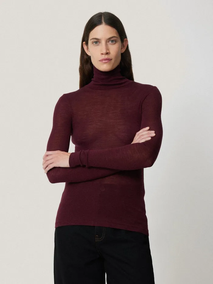 Women Wool Jersey Polo Neck Top Burgundy Jigsaw Shirts and Tops
