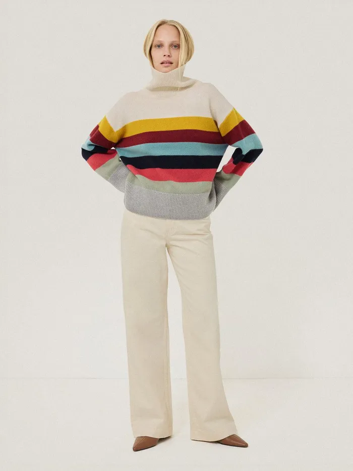 Women Wool Multi Stripe Turtleneck Grey Jigsaw Knitwear and Cashmere